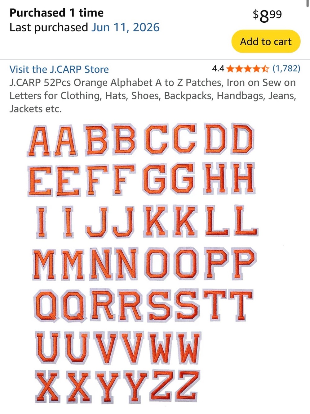 Orange and White Iron on Letters